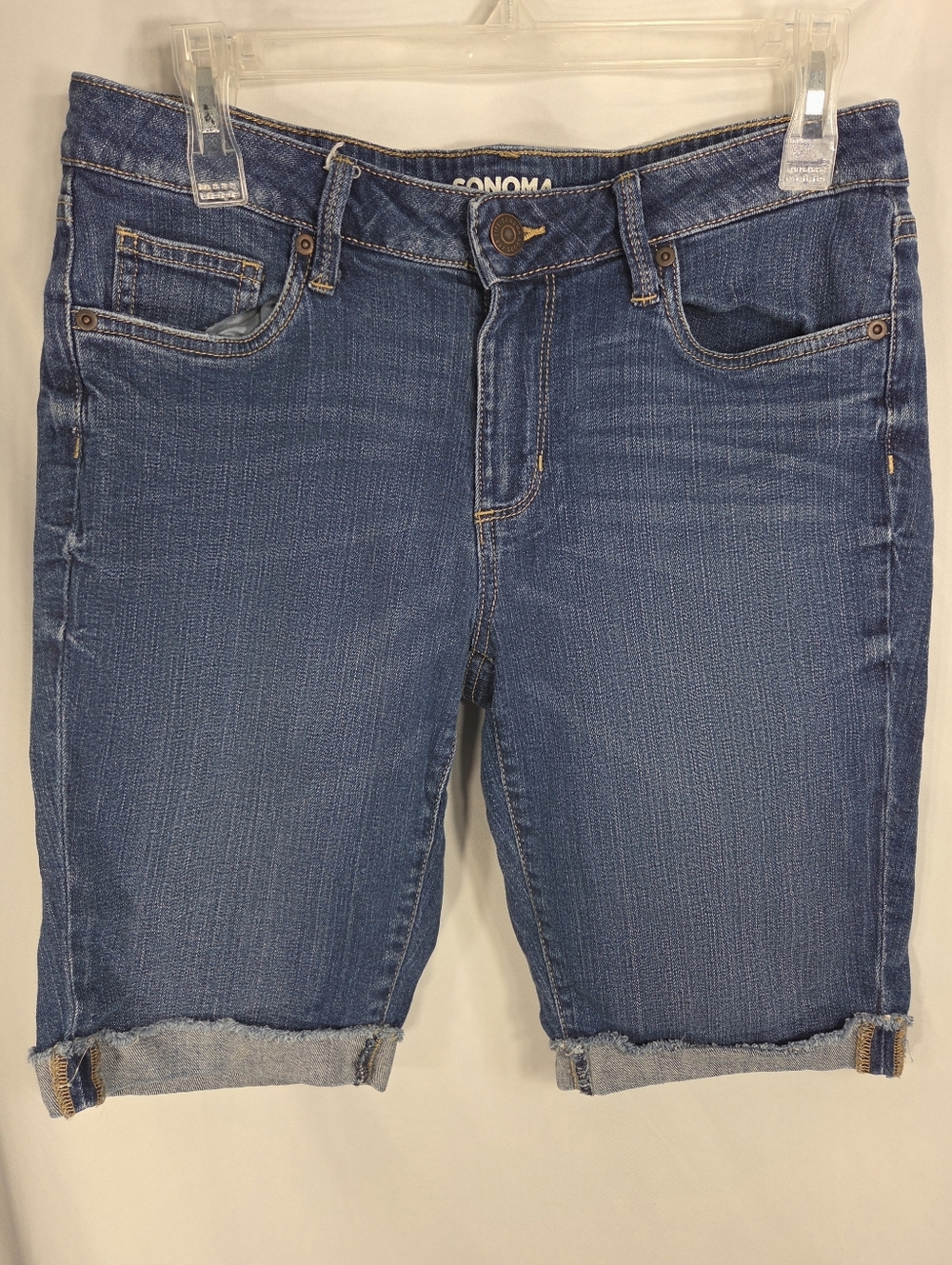 Sonoma Skinny Bermuda 5 Pocket Raw Hem Cuffed Blue Denim Jean Shorts Size 8